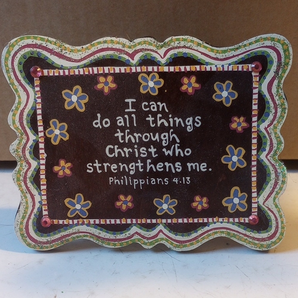 NWT Christian Wood Decor. Bible Verse, Flowers, Glitter, Rhinestones, Scalloping